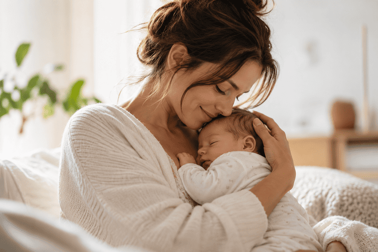mère tenant bébé dans les bras après une séance d'ostéopathie